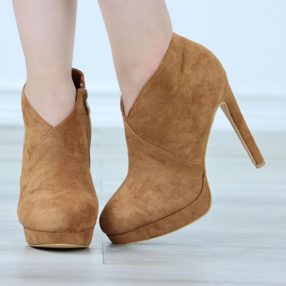 Tan High Heel Ankle Boots Platform Stilettos Faux Suede - Picture 7 of 13